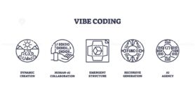 Vibe coding illustrates AI-driven development with icons for creation, collaboration, structure, recursion, and agency. Outline icons set