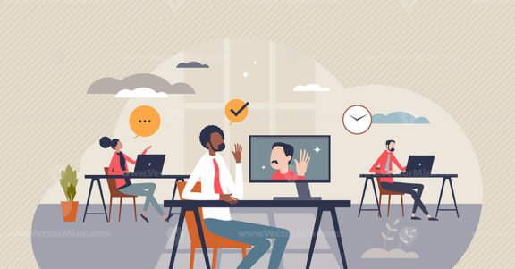 Video conferencing with software and team colleagues tiny person concept
