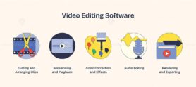 Video editing software icons feature scissors, a play button, and a microphone, symbolizing editing, playback, and audio. Neubrutalism style