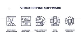 Video editing software icons include scissors, timeline, and gear, symbolizing editing, sequencing, and exporting. Outline icons set.