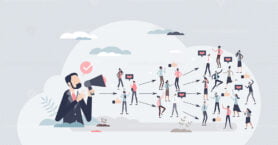 Viral marketing campaign with influencer social impact tiny person concept