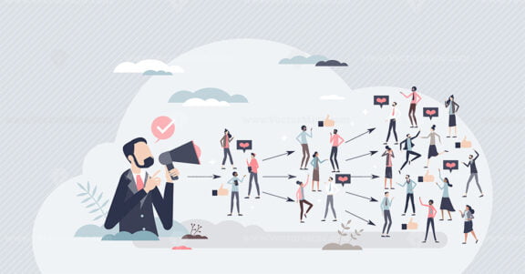 Viral marketing campaign with influencer social impact tiny person concept