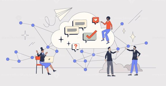 Virtual brainstorming and distant communication retro tiny person concept