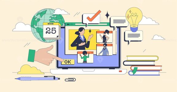 Virtual classroom with online web courses tiny person neubrutalism concept