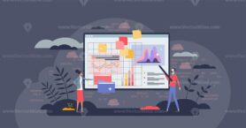 Virtual collaborative workspace and uploaded file editing tiny person concept