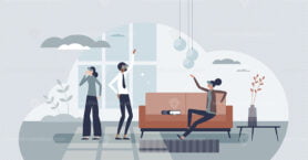 Virtual property tour with VR apartment tour experience tiny person concept