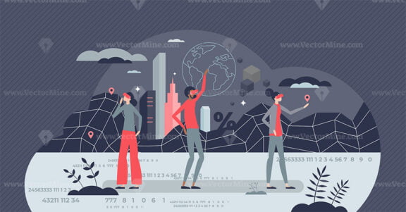 Virtual reality or VR experience using goggles technology tiny person concept