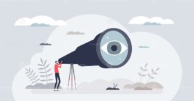 Visionary leader searching for future business solutions tiny person concept