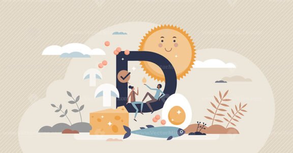 Vitamin D sources with food supplements and sun light tiny person concept