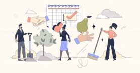 Volunteering and community charity work tiny person neubrutalism concept