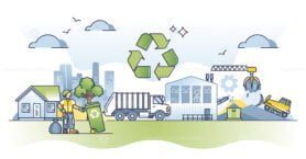 Waste management with trash collection, sorting and handling outline concept