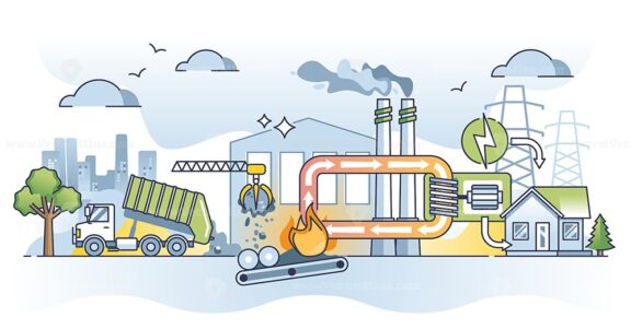 Waste to energy and garbage burning for electricity and heat outline diagram