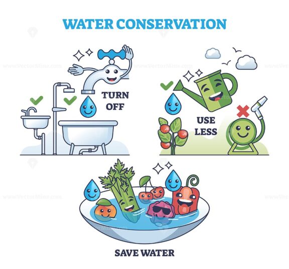 Water conservation to save drinkable resources kid friendly outline diagram. Labeled educational scheme with environmental and nature friendly habits vector illustration. Turn off, use less and save.