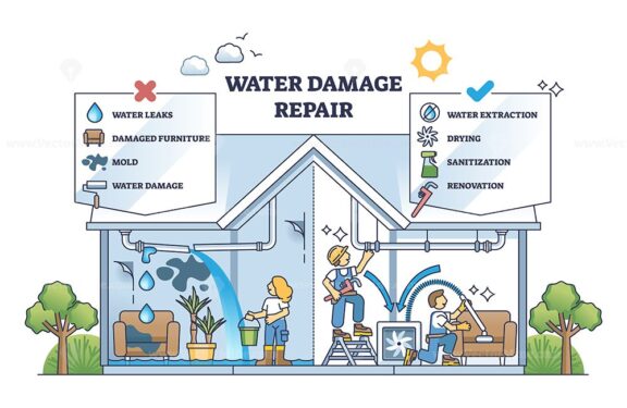 Water damage repair job with pipeline leakage fixing tasks outline diagram
