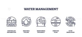 Water management icons depict distribution, recycling, and flow regulation. Outline icons set.