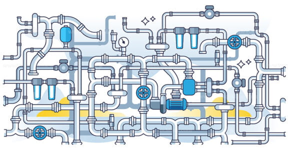 Water piping system with seamless pipes or tubes connections outline concept