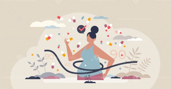 Weight loss pills and unhealthy dieting with medication tiny person concept