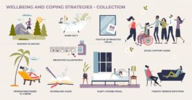 Wellbeing or coping strategies for mental wellness tiny person collection set