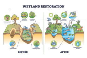 Wetland restoration and reviving ecosystems for environment outline diagram