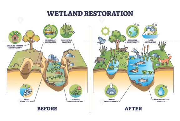 Wetland restoration and reviving ecosystems for environment outline diagram