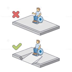 Wheelchair accessibility is highlighted with a ramp and a person in a wheelchair. Outline diagram
