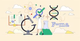 Woman in science doing innovative research tiny person neubrutalism concept