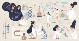 Woman in science set or female scientist in laboratory tiny person collection