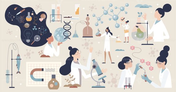 Woman in science set or female scientist in laboratory tiny person collection