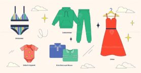 Womens apparel features vibrant swimwear, casual loungewear, and elegant dresses. Neubrutalism style collection