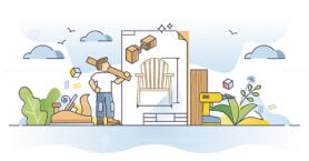 Woodworking plans with wood chair project sketch blueprint outline concept