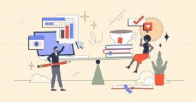 Work life balance for Gen Z with work and leisure retro tiny person concept