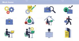 Work in office and productive workplace neubrutalism icons collection
