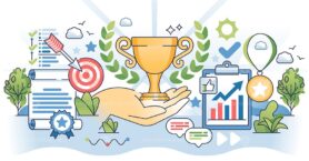 Work achievements with successful accomplishments outline hands concept