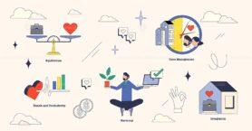 Illustration of work-life balance with elements like a scale, clock, and laptop in neubrutalism style collection.