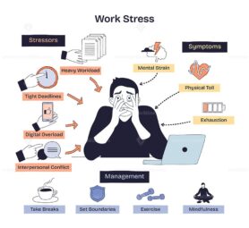 Work stress is shown with a stressed person, heavy workload, and tight deadlines, highlighting causes and management tips. Doodle style diagram