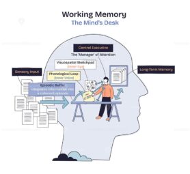 Working memory is visualized as a minds desk, showing central executive, sensory input, and long-term memory connections. Doodle style diagram