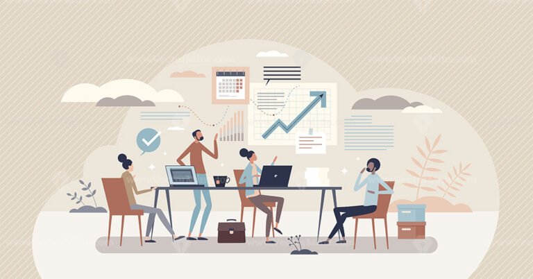 Working team and business group teamwork for success tiny person concept