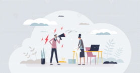 Workplace bullying and mental harassment from boss tiny person concept