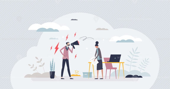 Workplace bullying and mental harassment from boss tiny person concept