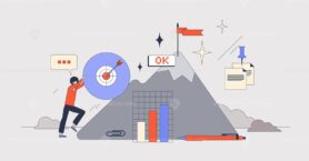 Workplace motivation and successful progress neubrutalism tiny person concept