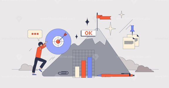 Workplace motivation and successful progress neubrutalism tiny person concept