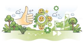 Workplace motivation and satisfaction for morale outline hands concept
