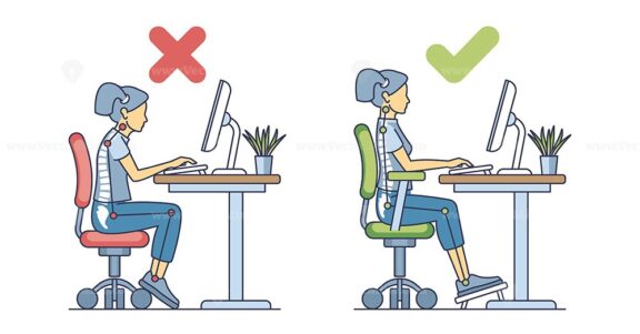 Workplace posture diagram shows correct and incorrect sitting positions with chairs and desks. Outline diagram