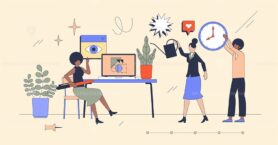 Workspace and office space with employees neubrutalism tiny person concept