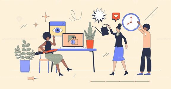 Workspace and office space with employees neubrutalism tiny person concept