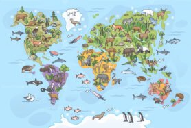 World map with animals as all continents natural habitat outline diagram