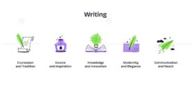 Writing icons include scroll, ink bottle, and lightbulb, symbolizing creativity and knowledge. Playful style icons