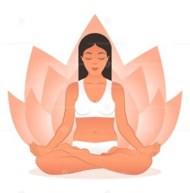 FREE Yoga Practice Concept with Female Meditating in Lotus Pose and Lotus Flower Abstract Background Decoration