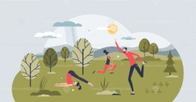 Yoga activity as outdoor physical activity for posture tiny person concept
