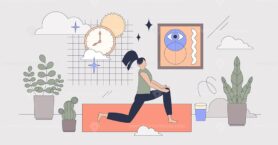 Yoga for beginners and stretching activities tiny person neubrutalism concept